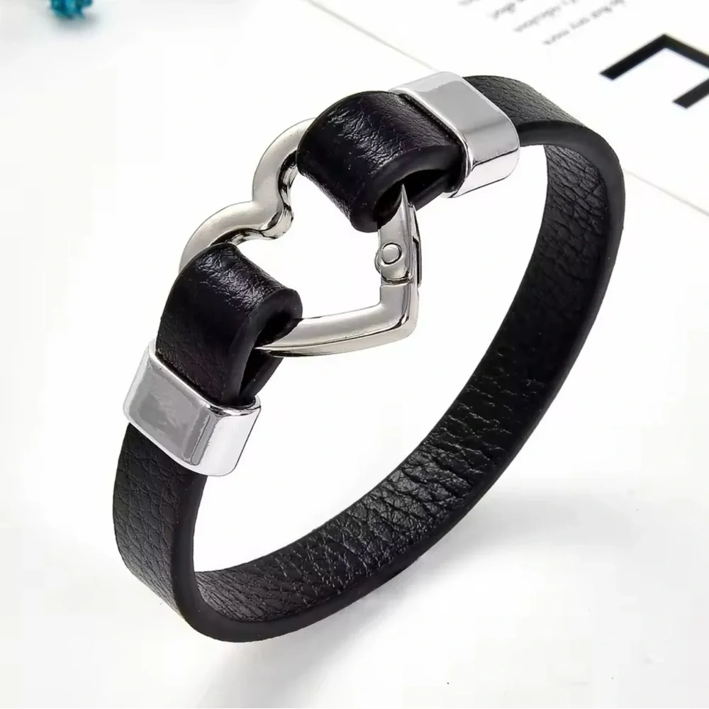 Heart Black Leather Bracelet for Men and Women